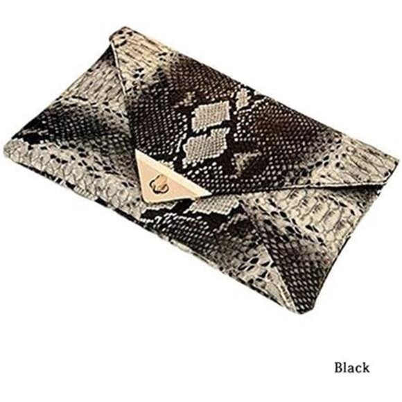 Black Snakeskin Envelope Clutch Purse Evening Crossbody Bag Faux Leather - Picture 5 of 8